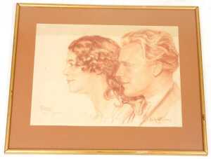 20thC German School. Double profile portrait of a lady and gentleman, red crayon, indistinctly... - 2