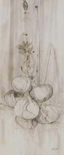 Still life of hanging garlic, ink and watercolour, signed Duff, 10/90, 82cm x 34.5cm.