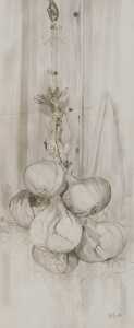Still life of hanging garlic, ink and watercolour, signed Duff, 10/90, 82cm x 34.5cm.
