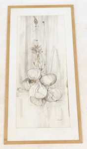 Still life of hanging garlic, ink and watercolour, signed Duff, 10/90, 82cm x 34.5cm. - 2