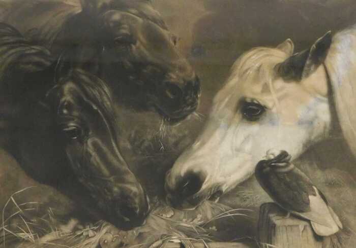 After John Frederick Herring. Three horses feeding from a trough, with a pigeon, monochrome,...