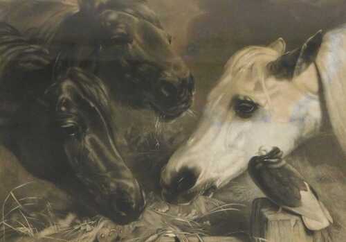 After John Frederick Herring. Three horses feeding from a trough, with a pigeon, monochrome,...