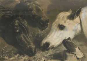After John Frederick Herring. Three horses feeding from a trough, with a pigeon, monochrome,...