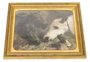 After John Frederick Herring. Three horses feeding from a trough, with a pigeon, monochrome,... - 2