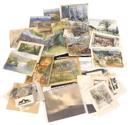 A portfolio of artwork, by Norah Pearse, Leon Rogers, etc., watercolour, and ink, including...