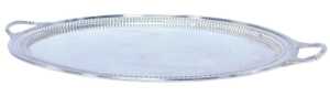 An Edward VII silver twin-handled tray, of oval form, with leaf decoration to each handle, and...