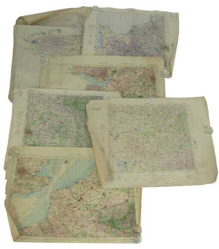 Six WWII RAF canvas Ordnance Survey Maps, for Strait of Le Dover, Paris, Le Havre, Brest, Nantes,...
