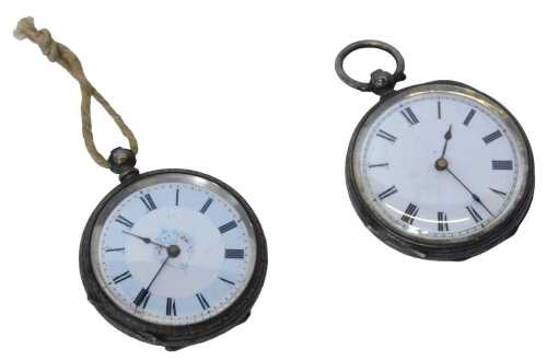 Two 20thC fob watches, comprising one with white enamel Roman numeric dial and blue hands, key...