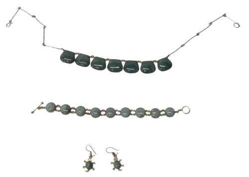 A group of jade jewellery, comprising a layered necklace, bracelet, and pair of turtle earrings,...