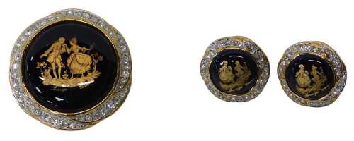 A Limoges Cristal jewellery suite, comprising screw-back earrings and a brooch, each on blue...