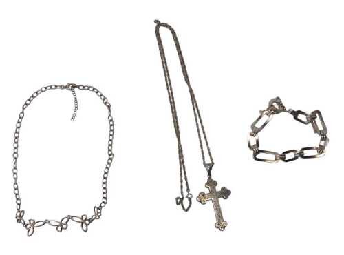 A Warren James silver butterfly necklace, 40cm long, a silver crucifix pendant and chain, the...