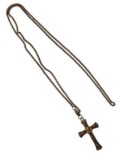 A crucifix pendant and chain, the crucifix with a central raised medallion of Christ, of pierced...