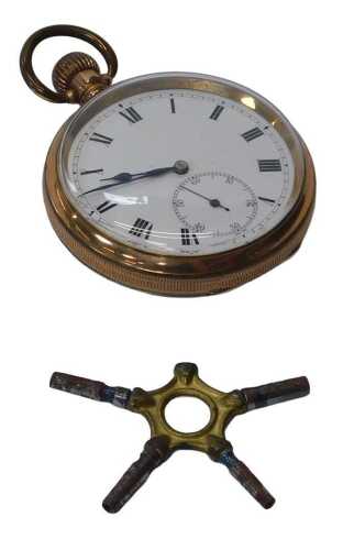 A 20thC gold plated pocket watch, with a white enamel Roman numeric dial, with seconds dial and...