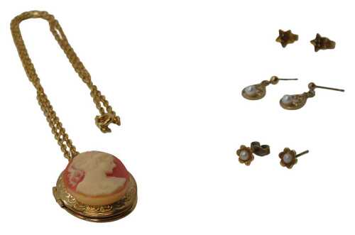 Three pairs of 9ct gold stud earrings, each stone set, two with pearls and one with garnets, and...