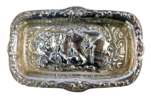 An Elizabeth II silver dish, of rectangular form, decorated with a scrolling border and...