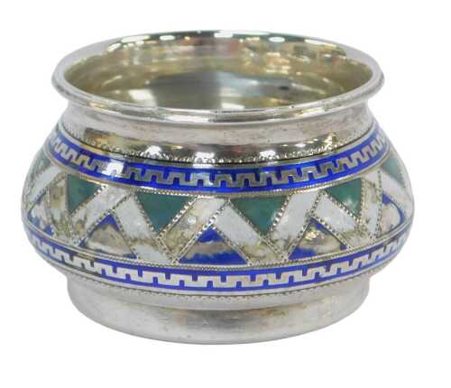 A late 19thC Russian silver and enamelled open salt, decorated with a white enamel zig-zag...