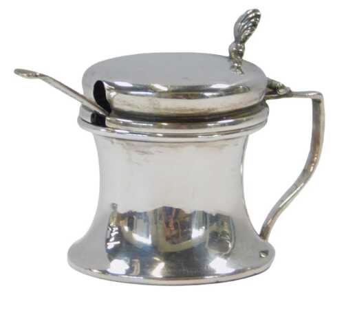 A George VI silver lidded mustard pot, of hour-glass form, with a green glass liner (liner AF),...