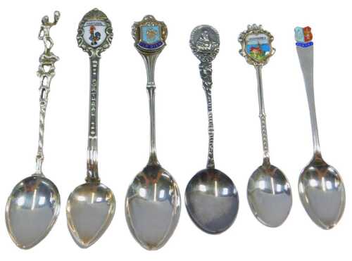Six silver and white metal enamelled and other souvenir spoons, for Looe, Portugal, etc, 2.10oz...
