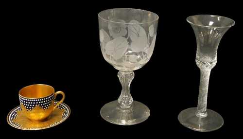 An 18thC wine glass, with bell shaped bowl and twisted stem, on a circular foot, 17cm high,...