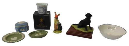 A Border Fine Arts figure of a Black Labrador, on an oak base, a Shelley child's bowl inscribed...