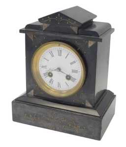 A Victorian black slate and marble mantel clock, the circular white enamel dial bearing Roman...