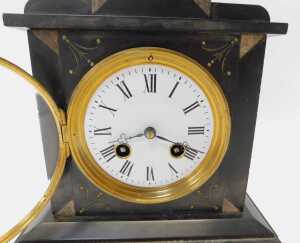 A Victorian black slate and marble mantel clock, the circular white enamel dial bearing Roman... - 2