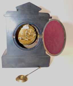 A Victorian black slate and marble mantel clock, the circular white enamel dial bearing Roman... - 3