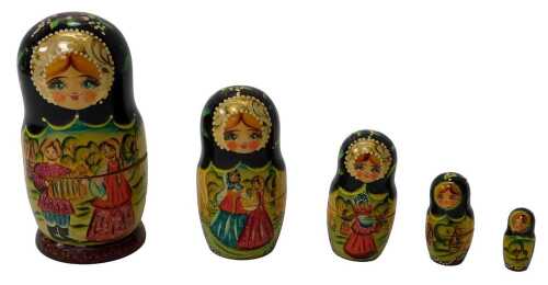 A Matryoshka five piece nesting doll, decorated with a male figure playing an accordion and a...