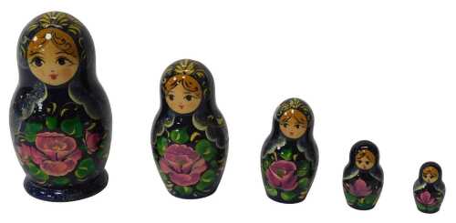 A Matryoshka five piece nesting doll, blue ground decorated with pink flowers, the largest 13cm...