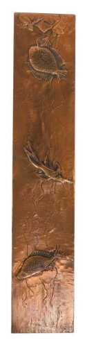 A Studio Cellini copper wall plaque embossed with fish, bears studio label, 63cm high, 12.5cm wide.