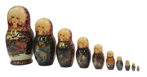 A Matryoskha ten piece nesting doll, each decorated with a different scene, depicting figures,...