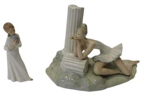 A Nao porcelain figure, modelled as a ballerina beside a reeded column, 29cm high, and another...
