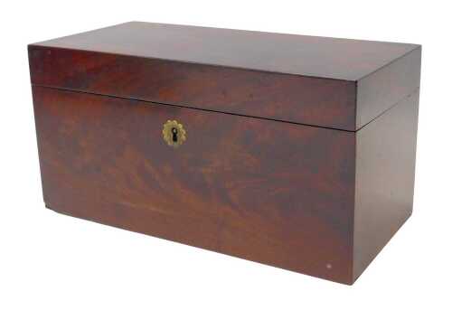 A 19thC mahogany tea caddy, of rectangular plain form, the hinged lid enclosing a moulded glass...