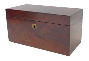 A 19thC mahogany tea caddy, of rectangular plain form, the hinged lid enclosing a moulded glass...