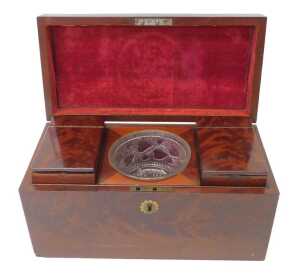 A 19thC mahogany tea caddy, of rectangular plain form, the hinged lid enclosing a moulded glass... - 2