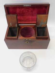 A 19thC mahogany tea caddy, of rectangular plain form, the hinged lid enclosing a moulded glass... - 3