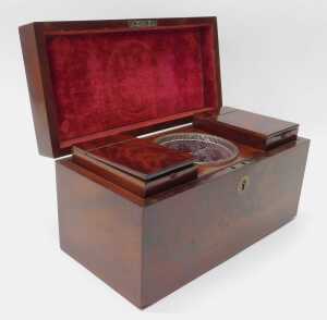 A 19thC mahogany tea caddy, of rectangular plain form, the hinged lid enclosing a moulded glass... - 4