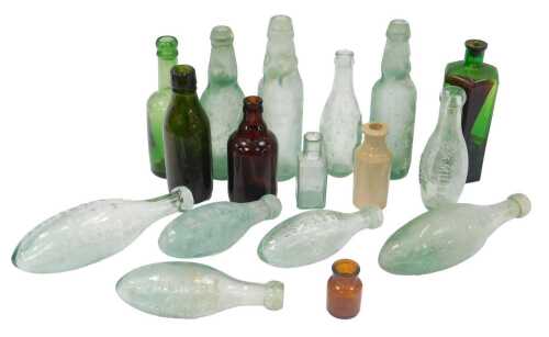 A group of glass bottles, to include torpedo bottles for R M Mills & Co, Bourne, Canley & Son,...