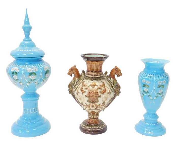 A late 19thC turquoise opaline vase, of baluster form, decorated with white daisies in coloured...