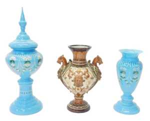 A late 19thC turquoise opaline vase, of baluster form, decorated with white daisies in coloured...