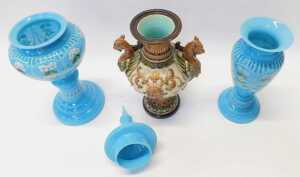 A late 19thC turquoise opaline vase, of baluster form, decorated with white daisies in coloured... - 2