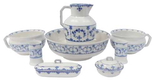 A late 19thC Funivals pottery blue and white wash set, comprising a wash jug and bowl, two...