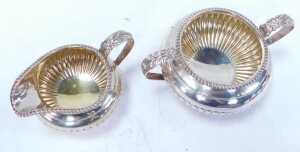 A William IV silver twin-handled sugar bowl and cream jug, each with a gadrooned rim and... - 2