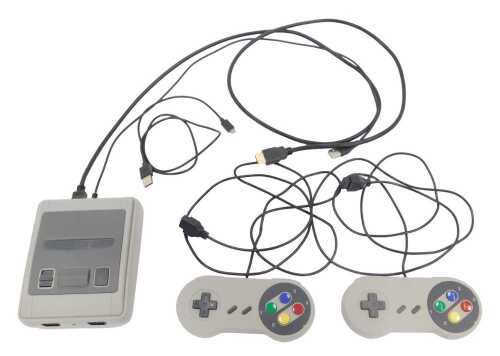 A Nintendo Classic console, model SFC, together with two controllers.