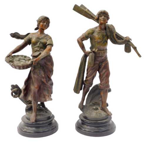 After Francois Moreau. A pair of spelter figures, modelled as a lady holding a basket of fish...
