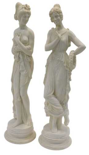 Two late 20thC resin figures, each modelled as a Roman lady in classical dress, mounted on socle...