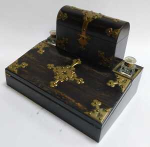 A Victorian coromandel and brass bound desk stand, the top surmounted by a domed stationery box,... - 3