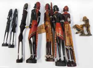 A group of carved hardwood tribal figures, including some painted examples, with beadwork... - 2