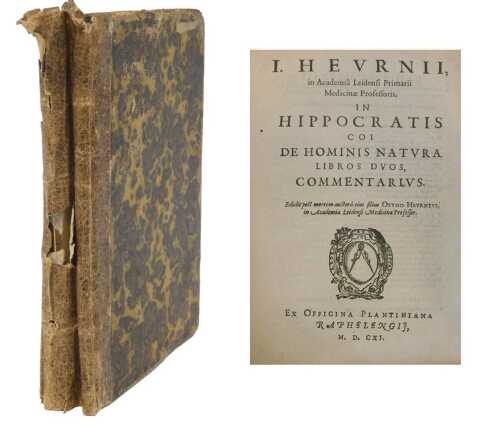 Heurnius (Johannes). In Hippocratis Coi de hominis natura libros duos... small 4to, Leiden,...
