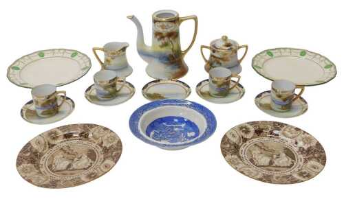 A Noritake porcelain part coffee service, comprising coffee pot (lid missing), a twin handled...